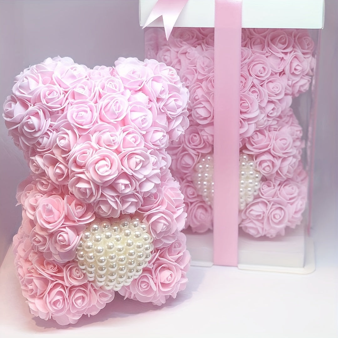 A 25Cm Artificial Rose Bear with a Pearl Heart No Box Made of PE Everlasting Flowers Perfect for Christmas And ValentineS Day Gifts